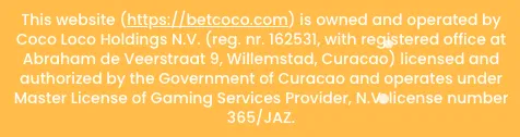 Lisensinformasjon for Betcoco.com, eid og drevet av Coco Loco Holdings N.V., med lisens fra Curacao.
