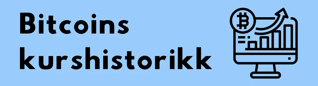 Teksten "Bitcoins kurshistorikk" med en illustrasjon av en dataskjerm som viser en graf med Bitcoin-symbol på en blå bakgrunn.