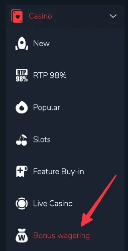 Menyen på Bitz med en rød pil som peker på «Bonus wagering»