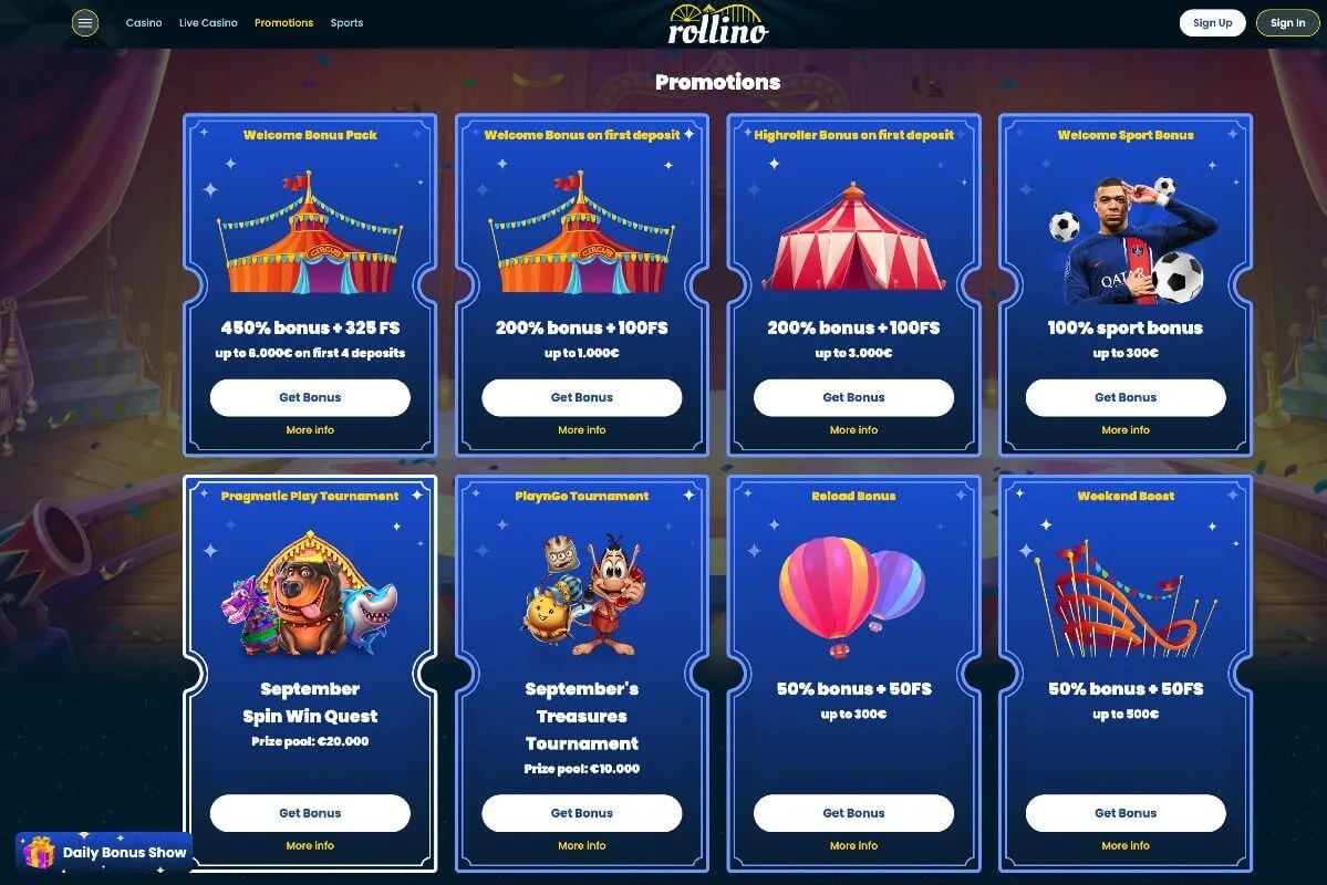 Promosjoner hos Rollino Casino, inkludert velkomstbonuser, sportsbonuser, turneringer og ukentlige kampanjer.
