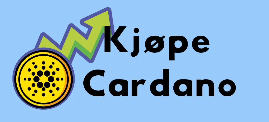 Cardano-logoen med teksten "Kjøpe Cardano" og en oppadgående pil som symboliserer vekst og potensialet til kryptovalutaen.