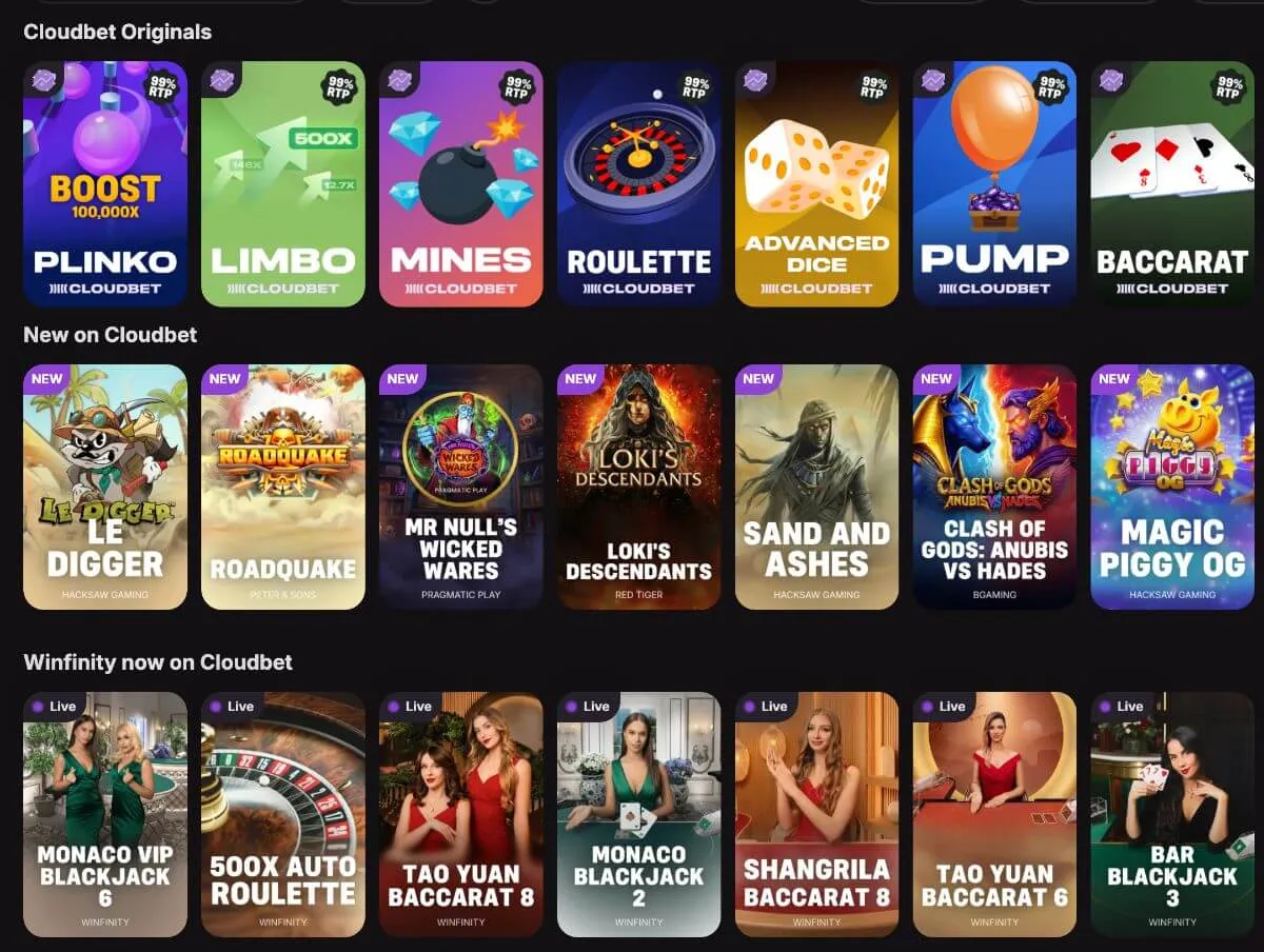 Spillutvalget på Cloudbet med Cloudbet Originals, nye spilleautomater og live casino