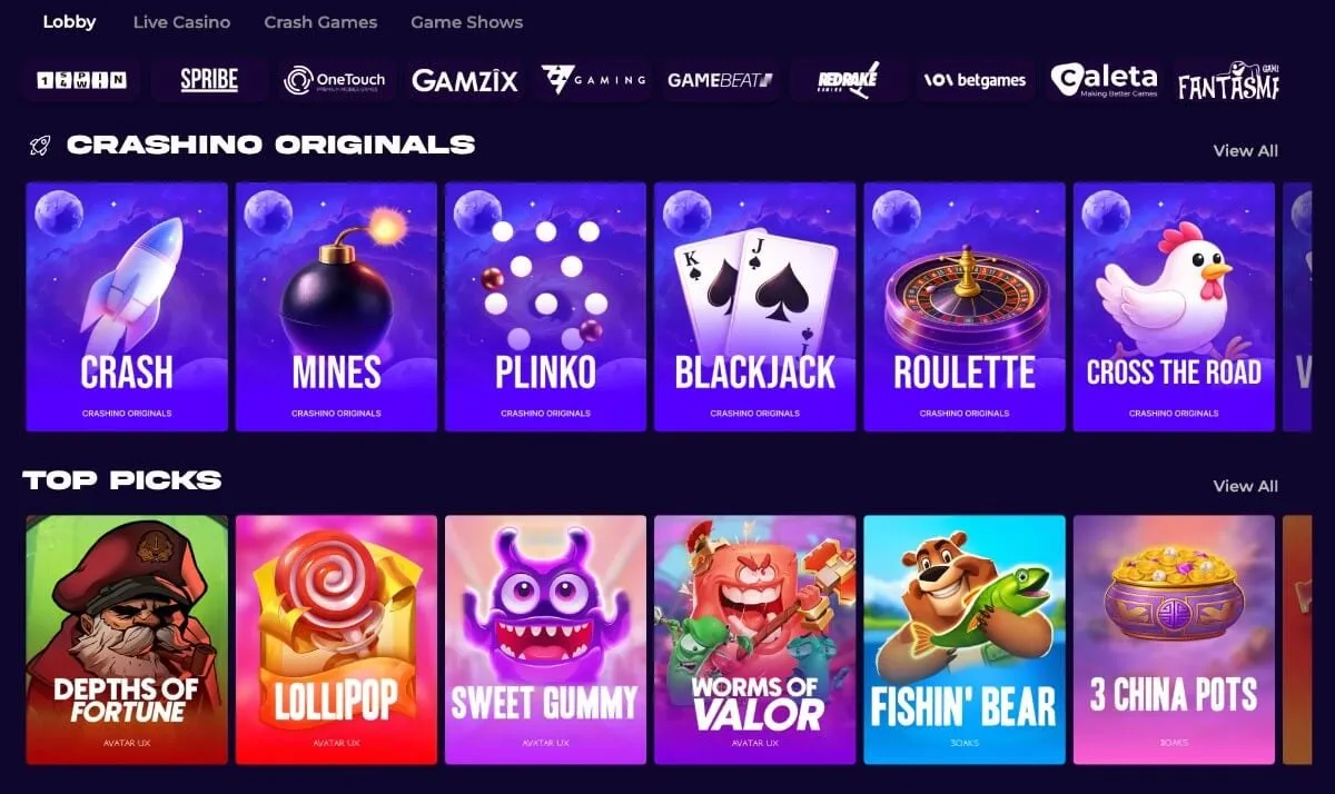 Spillutvalget på Crashino med Crashino Originals som Crash, Mines og Plinko