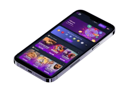 En smarttelefon som viser Crypto-games.io sin mobilversjon, med spillutvalg og bonushjul synlig på skjermen.