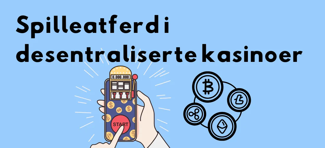 Hånd som holder en mobil med spilleautomat og kryptomynter, overskrift «Spilleatferd i desentraliserte kasinoer»