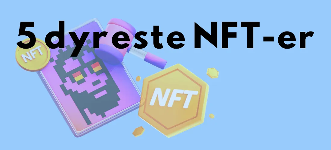 Illustrasjon av "5 dyreste NFT-er" med et pixelkunst-bilde og NFT-mynt på en lys blå bakgrunn.