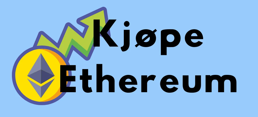 Illustrasjon med Ethereum-logoen foran en gul mynt og en stigende grønn graf. Teksten "Kjøpe Ethereum" vises med stor og tydelig skrift.