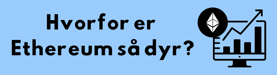 Blå bakgrunn med teksten "Hvorfor er Ethereum så dyr?" og en illustrasjon av en graf med Ethereum-logoen.