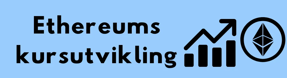 Illustrasjon av teksten "Ethereums kursutvikling" på en blå bakgrunn med en graf og Ethereum-logoen.