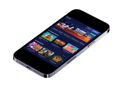 En smarttelefon som viser Flush Casino sin mobiloptimaliserte nettside, med spill og kampanjer presentert på skjermen.