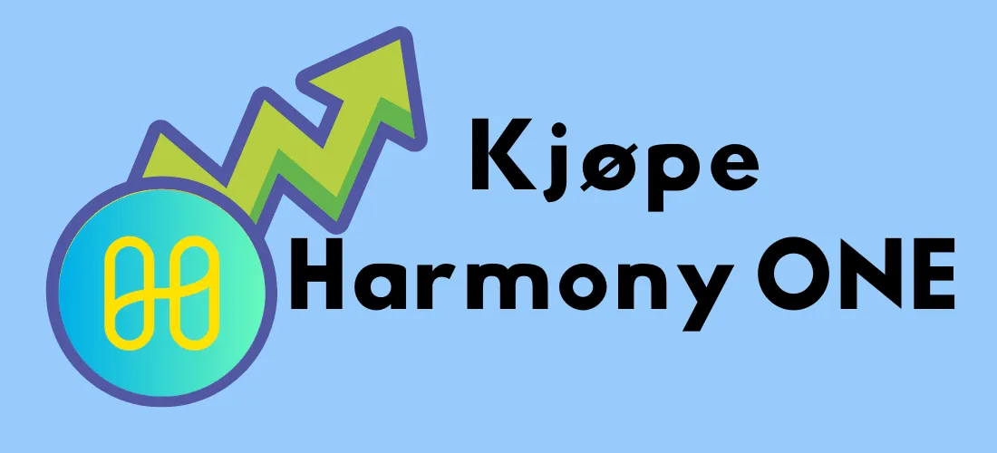 Harmony-logoen med teksten "Kjøpe Harmony ONE" og en oppadgående pil som symboliserer vekst og potensialet til kryptovalutaen.