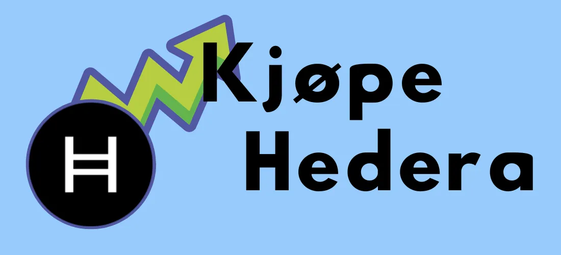 Illustrasjon med Hedera-logoen i en svart sirkel og en stigende grønn graf. Teksten "Kjøpe Hedera" vises med stor, tydelig skrift.