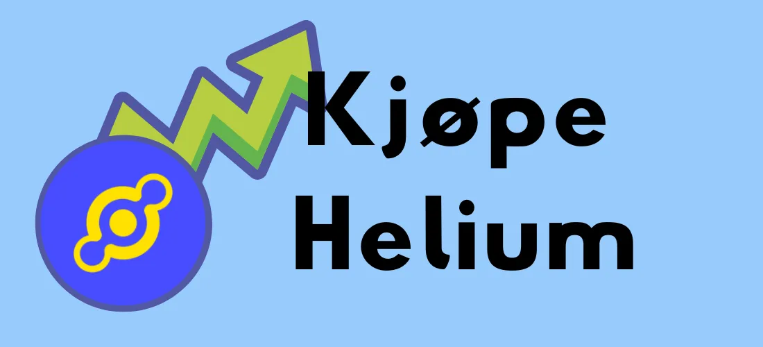 Helium-logoen med en grønn pil som peker oppover, sammen med teksten "Kjøpe Helium" på en blå bakgrunn.