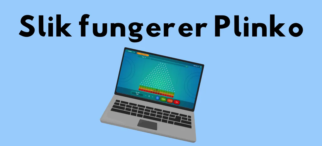 Illustrasjon av en bærbar datamaskin med Plinko-spill på skjermen, med teksten "Slik fungerer Plinko" øverst.