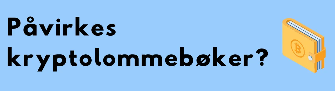 Grafikk med teksten "Påvirkes kryptolommebøker?" og en illustrasjon av en digital lommebok med Bitcoin-symbol.