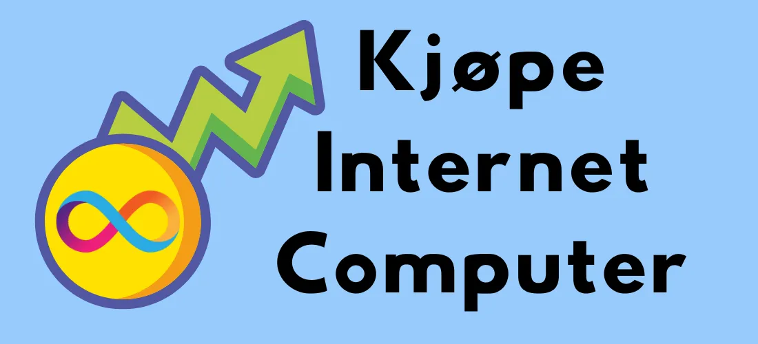 Illustrasjon med Internet Computer (ICP)-logo og en stigende grønn graf med teksten "Kjøpe Internet Computer" på blå bakgrunn.