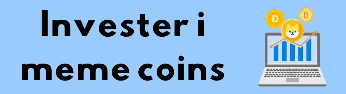 Illustrasjon av en bærbar datamaskin med en graf som viser vekst, omgitt av mynter med Dogecoin og Bitcoin-logoer, med teksten "Invester i meme coins" i svart på en blå bakgrunn.