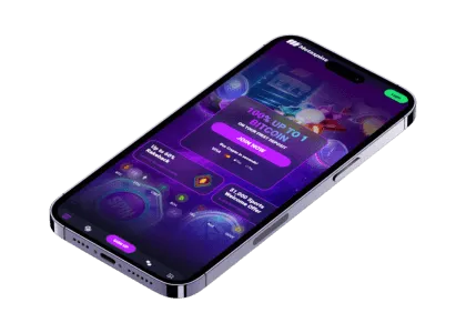 Metaspins mobilgrensesnitt med velkomstbonus på opptil 1 BTC, vist på en smarttelefon.