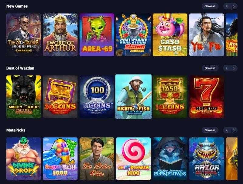 Spillutvalg hos Metaspins med kategorier som «New Games», «Best of Wazdan» og «MetaPicks», inkludert populære titler som Razor Shark og Sweet Bonanza 1000.