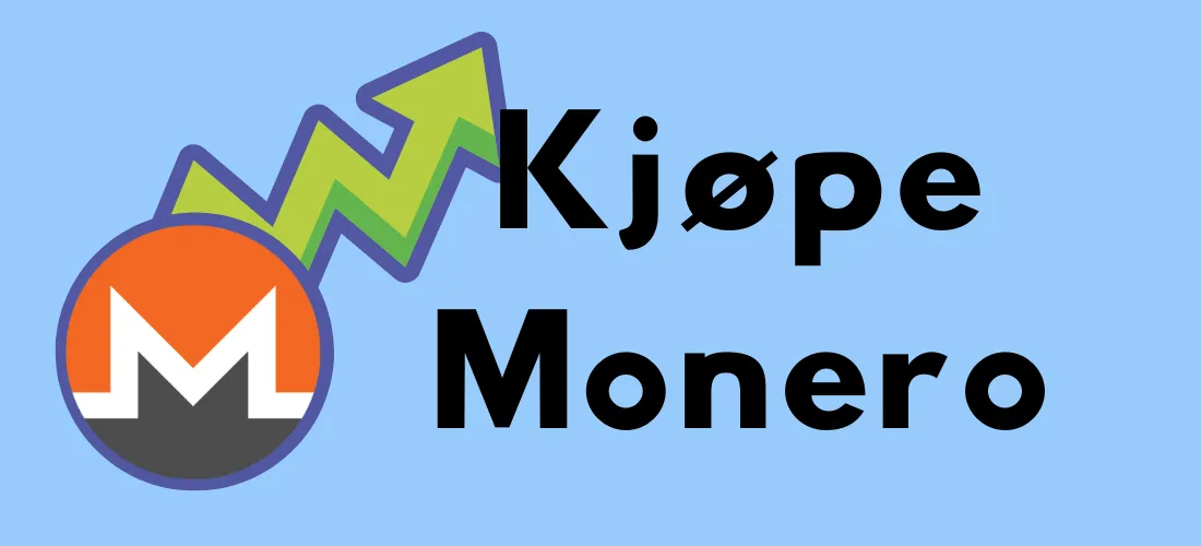 Logo av Monero-kryptovaluta med en stigende grønn pil og teksten 'Kjøpe Monero' på lyseblå bakgrunn