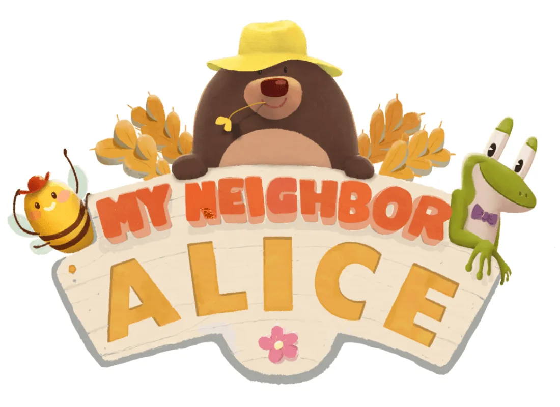 Logoen til My Neighbor Alice med en muldvarp, en bie og en frosk på en fargerik treplanke.