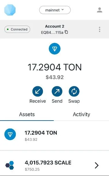 OpenMask-lommeboken med TON-saldo, knapper for å sende og motta og en oversikt over tokens