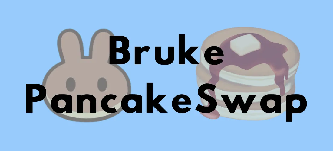 Illustrasjon med PancakeSwap-logoen (en kanin) og en stabel pannekaker med sirup og smør, med teksten "Bruke PancakeSwap" i svart skrift på en blå bakgrunn.