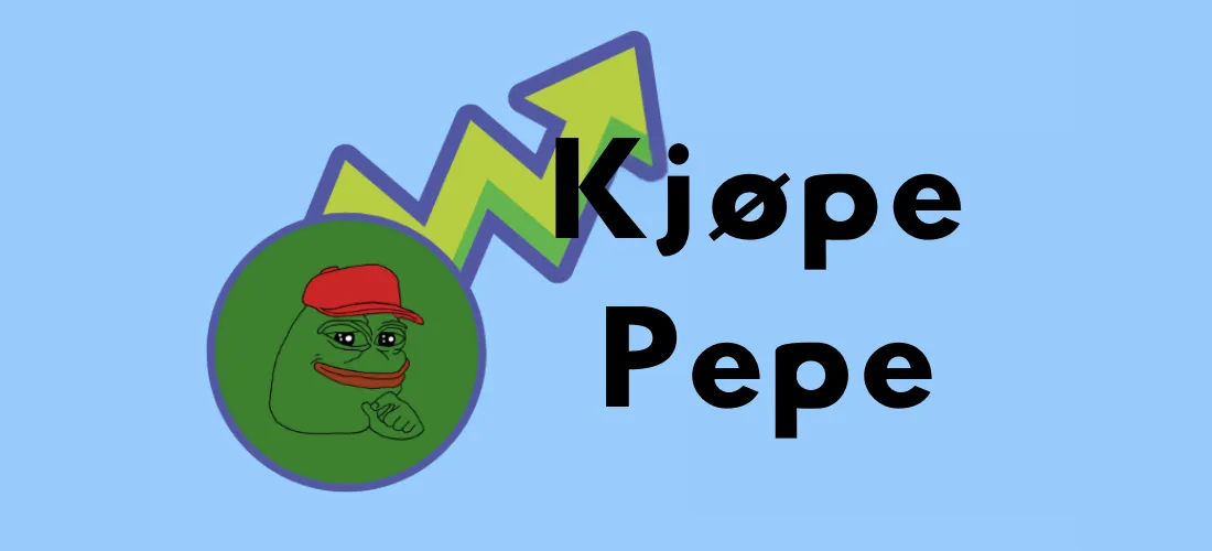 Grafikk med teksten "Kjøpe Pepe" og en illustrasjon av Pepe the Frog i en rød caps, sammen med en oppadgående pil i bakgrunnen som symboliserer vekst.