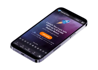 En smarttelefon som viser RocketPot sin mobilversjon, med velkomstbonus og registreringsknapp synlig på skjermen.