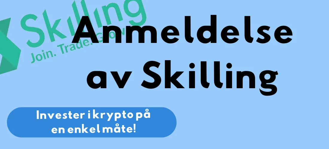 Banner med teksten "Anmeldelse av Skilling" og "Investér i krypto på en enkel måte!" med Skillings logo i bakgrunnen.