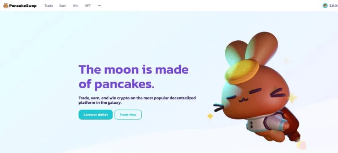 Skjermbilde av forsiden til PancakeSwap med teksten "The moon is made of pancakes" og knapper for å koble til en lommebok eller starte handel.