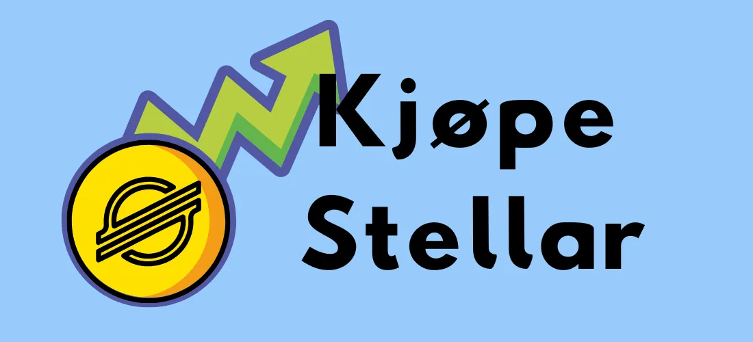 Illustrasjon med en gul Stellar-myntikon, en oppadgående grønn pil og teksten "Kjøpe Stellar" på en lyseblå bakgrunn.
