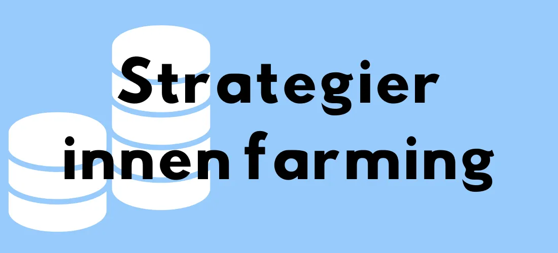 Strategier innen farming med hvite stablecoin-symboler på blå bakgrunn.