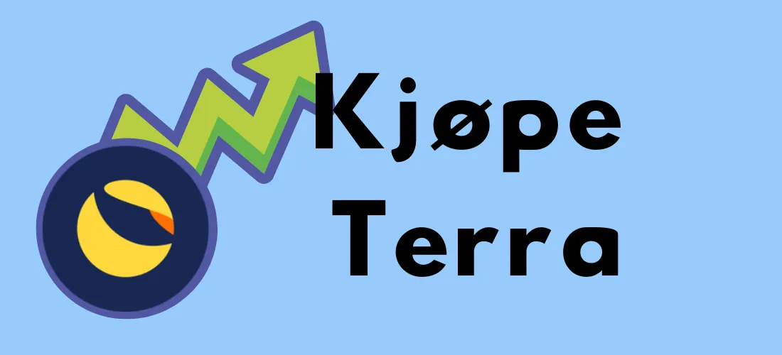 Logoen til Terra (LUNA) med en grønn, oppadgående pil som symboliserer vekst, sammen med teksten "Kjøpe Terra" på en blå bakgrunn.