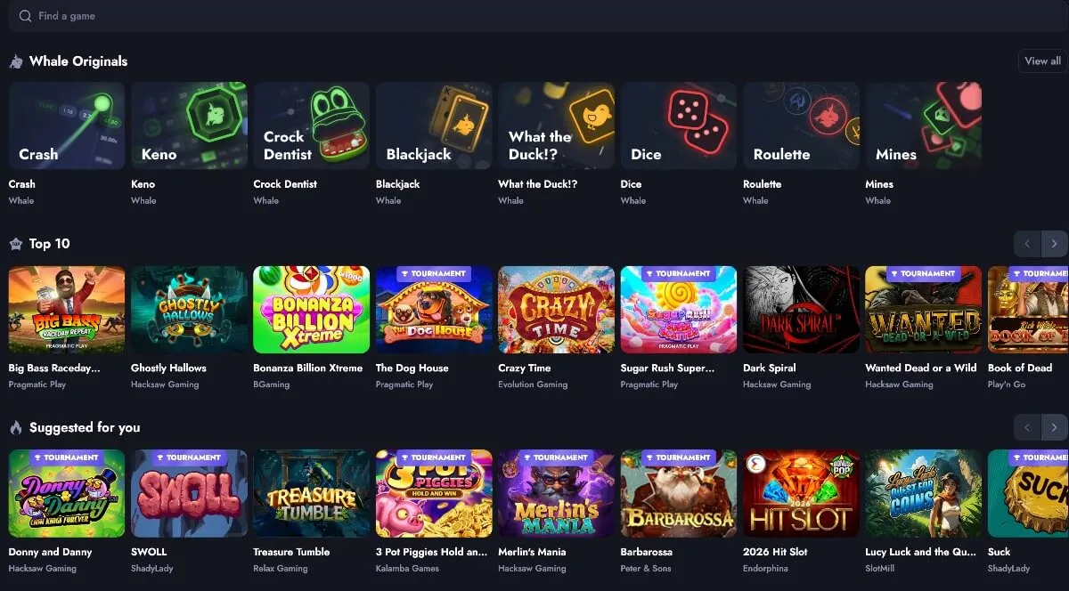 Spillutvalget på Whale.io med Whale Originals, topp 10 og anbefalte spill