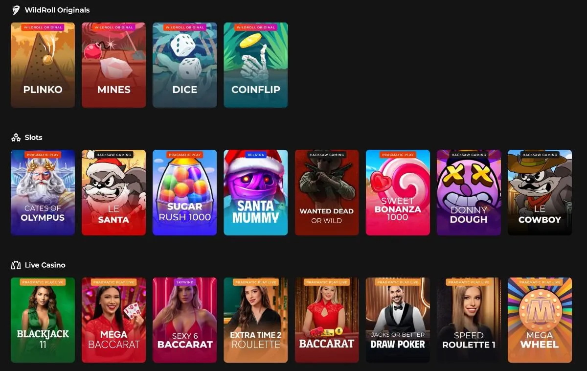 Spillutvalget på WildRoll med WildRoll Originals, spilleautomater og live casino