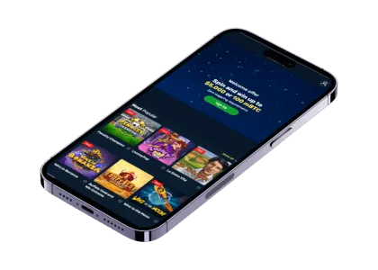 En smarttelefon som viser Winz.io Casino sin mobilversjon, med kampanjetilbud og populære spill som "Winz.io Bonanza" og "Book of Ra deluxe 6".