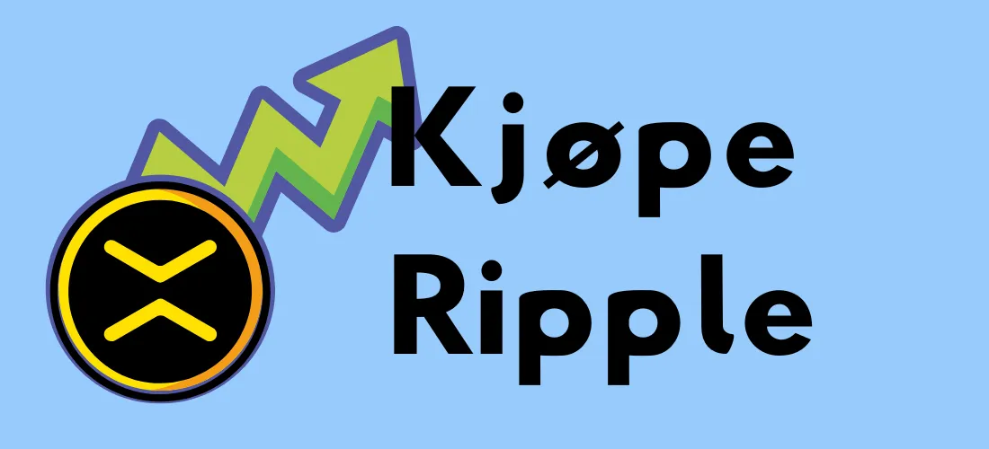 Logo som viser XRP-symbolet med grønne piler som peker oppover, ved siden av teksten 'Kjøpe Ripple' på lyseblå bakgrunn